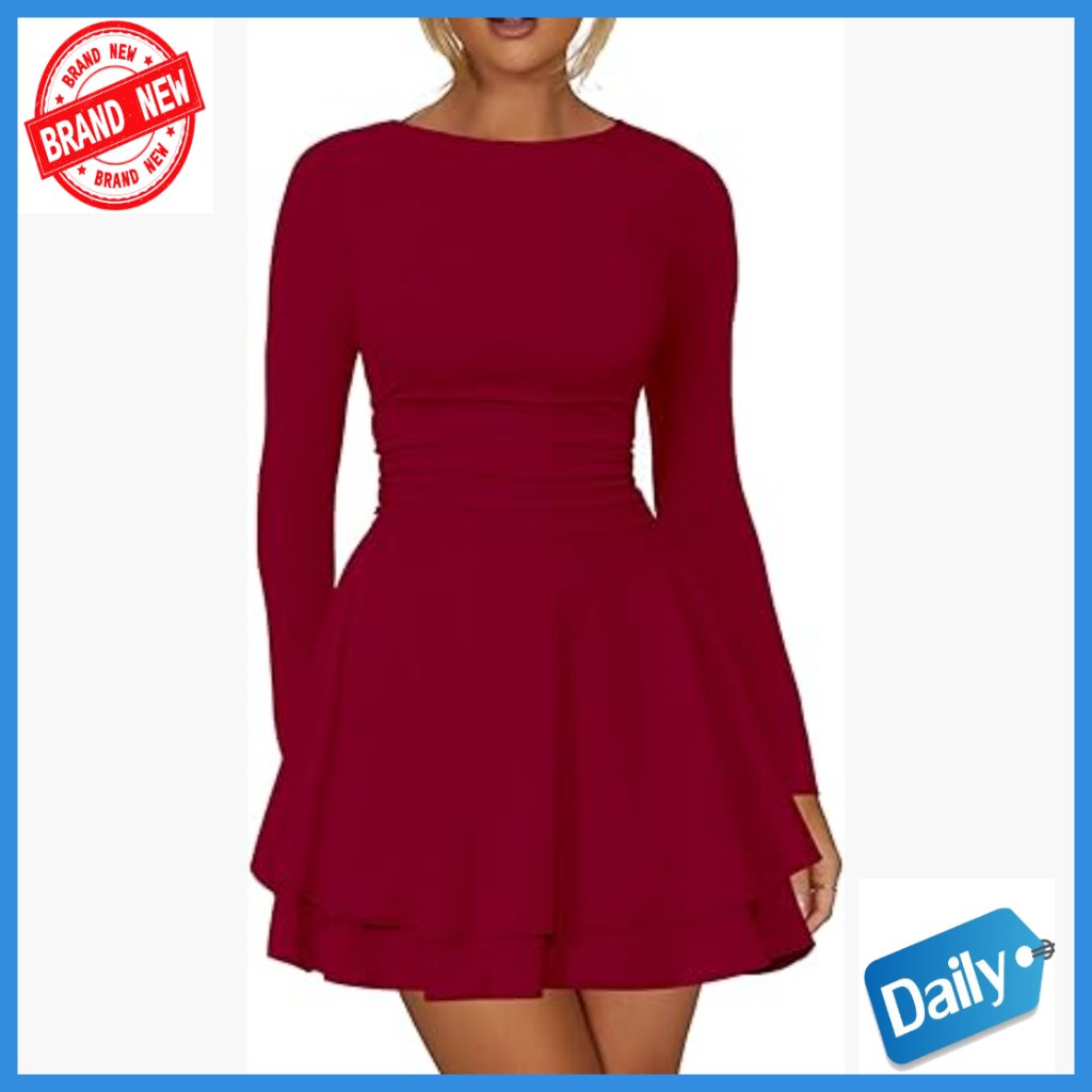Long Sleeve Corset Mini Dress Ruffle Hem Party Club Dress